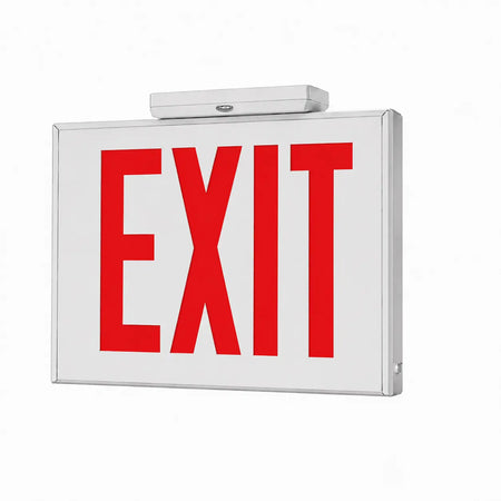 Steel Industrial Exit Sign Red LED White Housing with Battery Backup, ceiling mount view