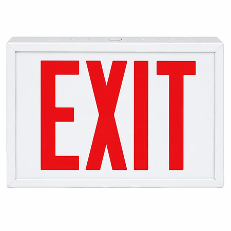 Steel Industrial Exit Sign Red LED White Housing with Battery Backup, front view