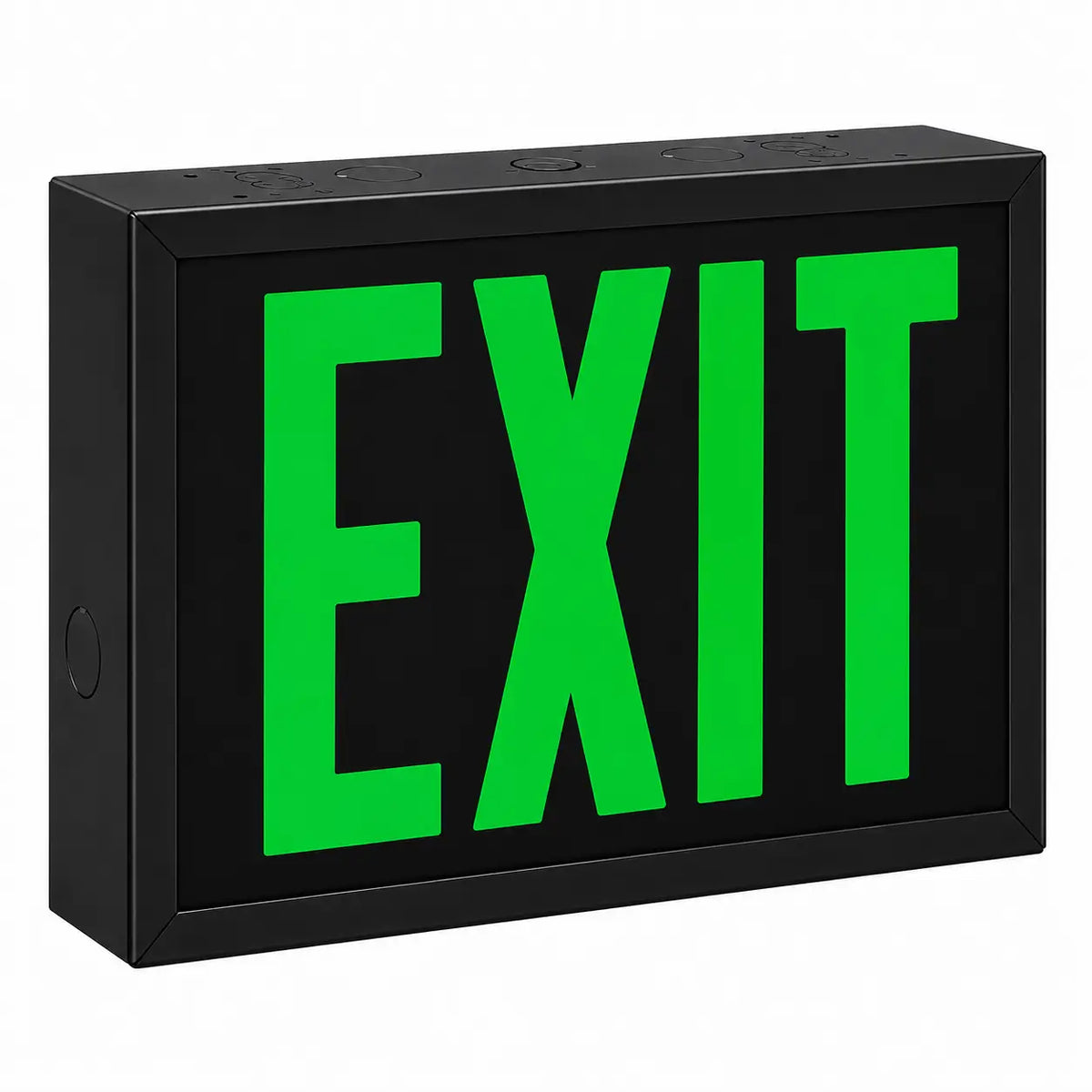 Steel Industrial Exit Sign Red LED White Housing with Battery Backup, left angle view