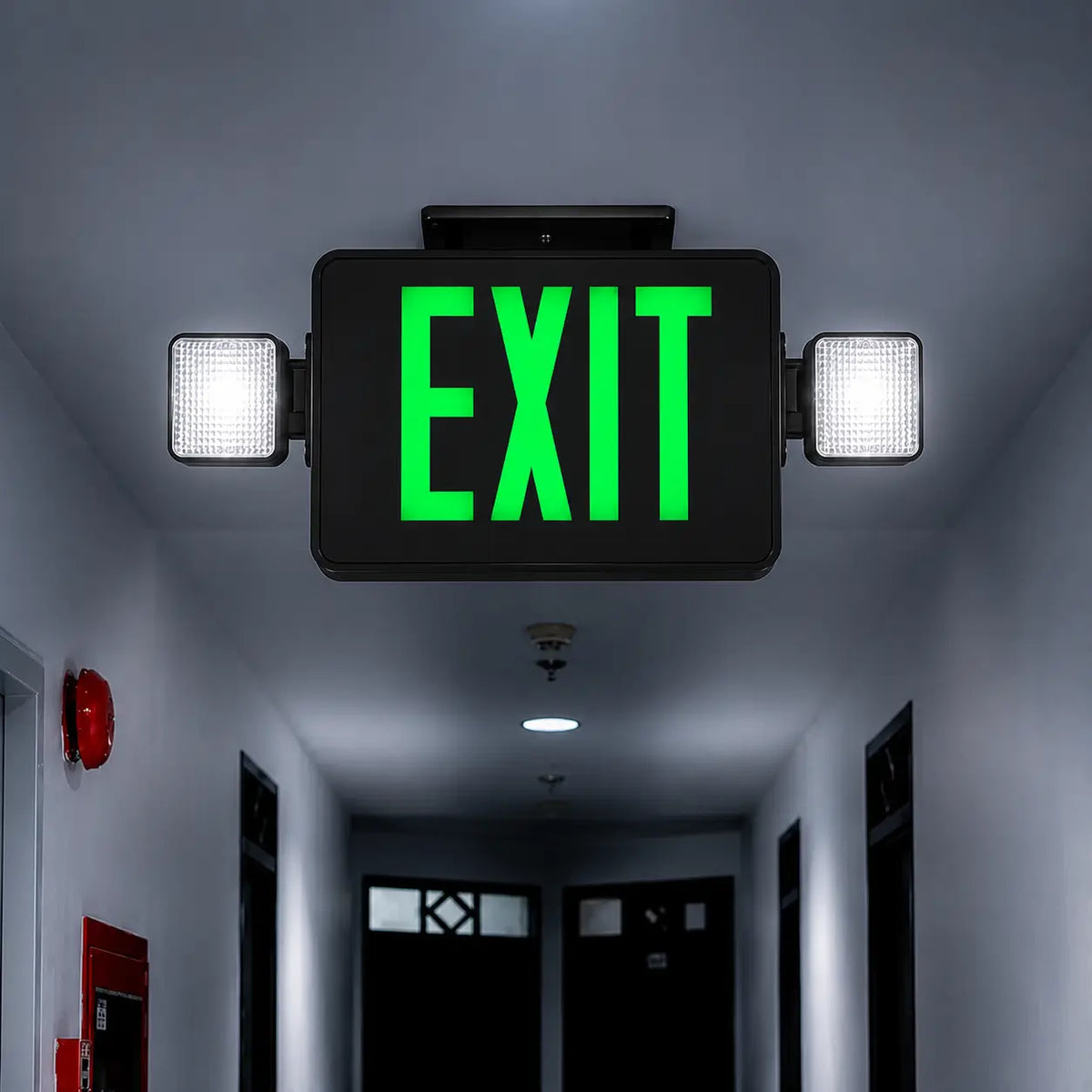Thermoplastic Combo Exit Sign Green LED Black Housing with Battery Back-up, ceiling mounting