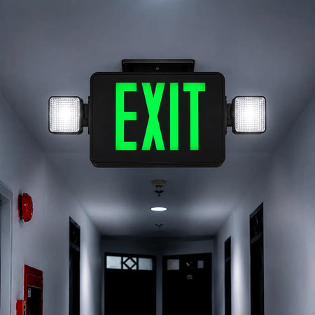 Thermoplastic Combo Exit Sign Green LED Black Housing with Battery Back-up, ceiling mounting