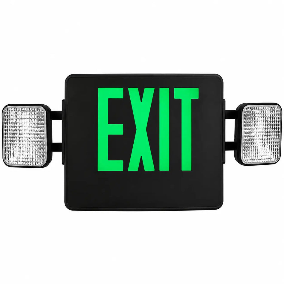 Thermoplastic Combo Exit Sign Green LED Black Housing with Battery Back-up, front view