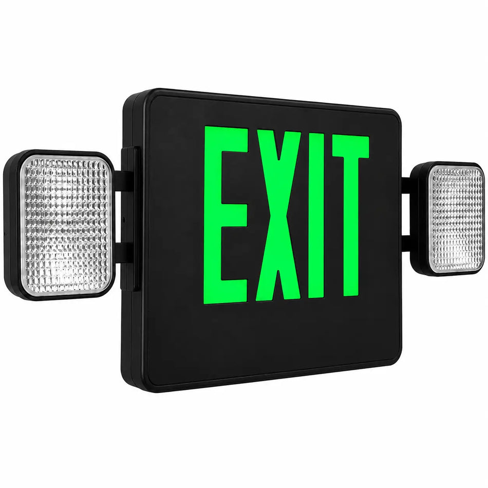 Thermoplastic Combo Exit Sign Green LED Black Housing with Battery Back-up, side view