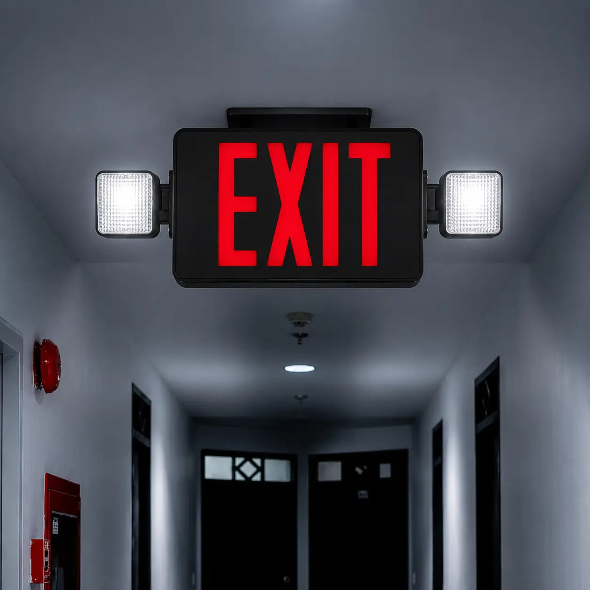 Thermoplastic Combo Exit Sign Red LED Black Housing with Battery Back-up, ceiling mounting