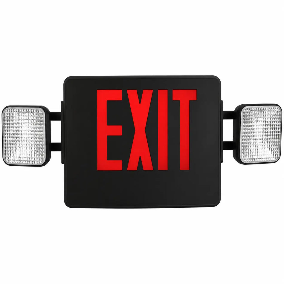 Thermoplastic Combo Exit Sign Red LED Black Housing with Battery Back-up, front view