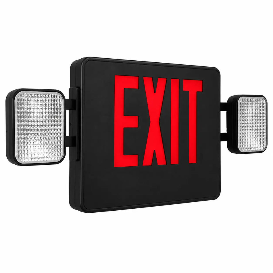 Thermoplastic Combo Exit Sign Red LED Black Housing with Battery Back-up, side view