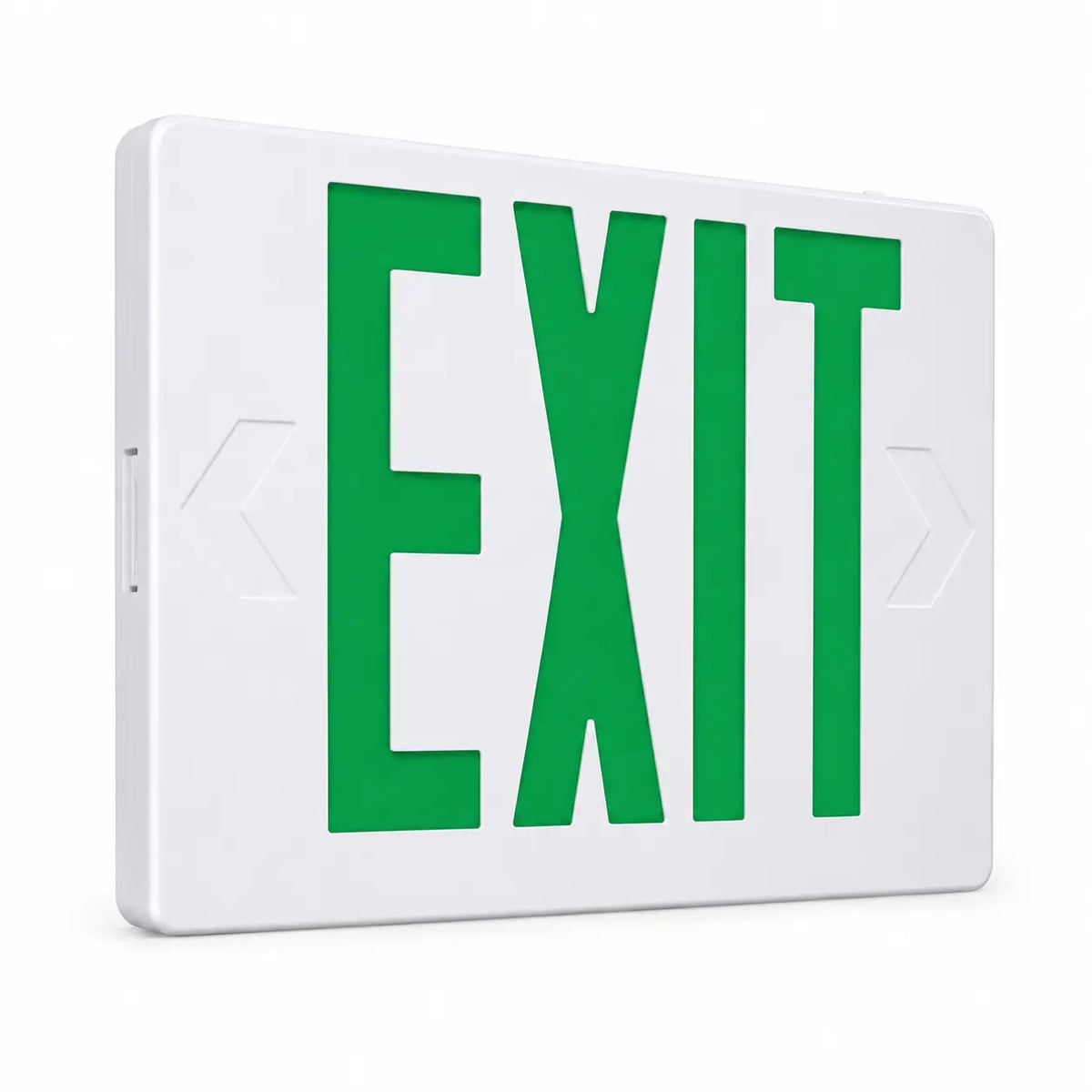 Thermoplastic Exit Sign Green LED White Housing with Battery 5 Yr Warranty, left angle