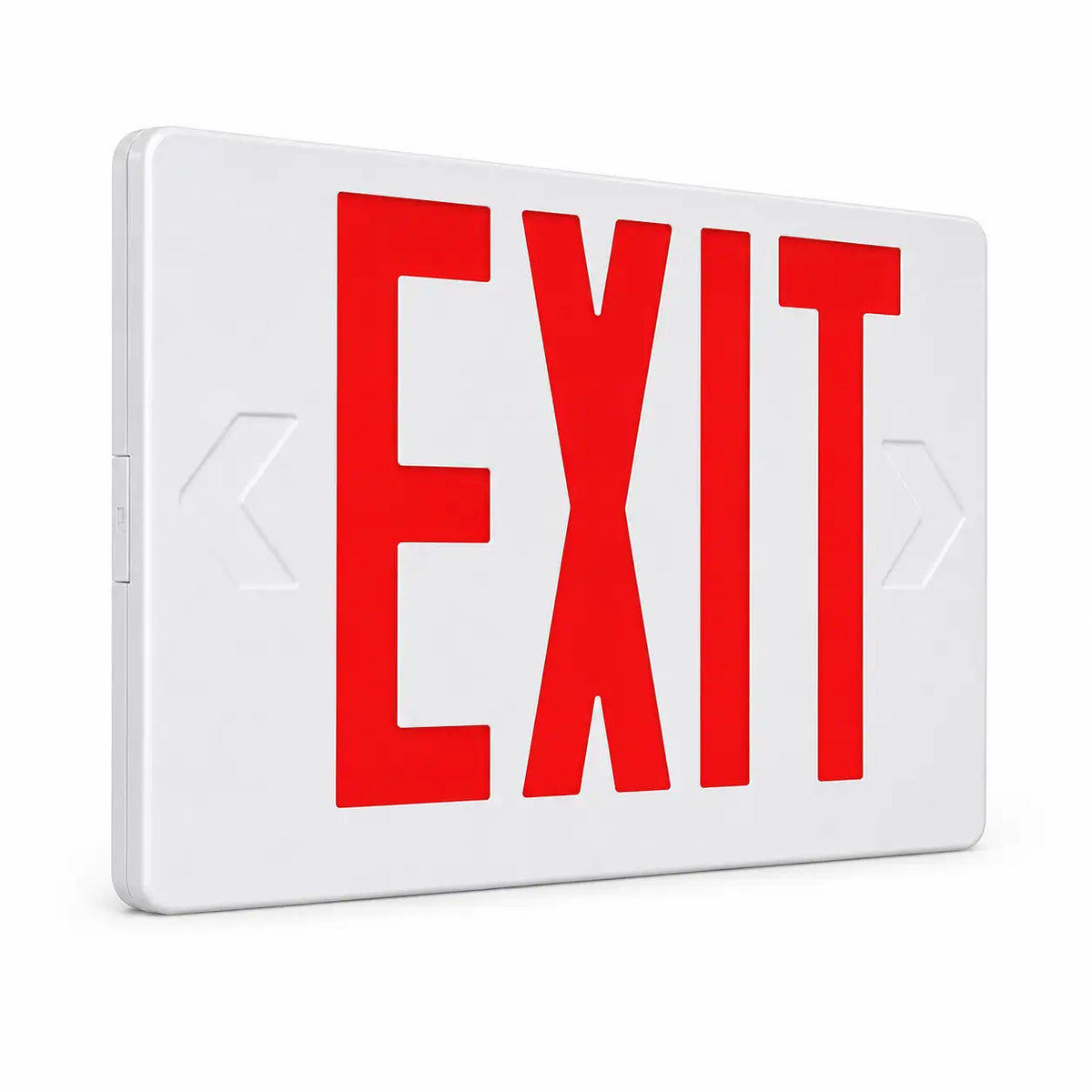 Thermoplastic exit sign with red LED, white housing, and battery, 5 year warranty, Left angle view