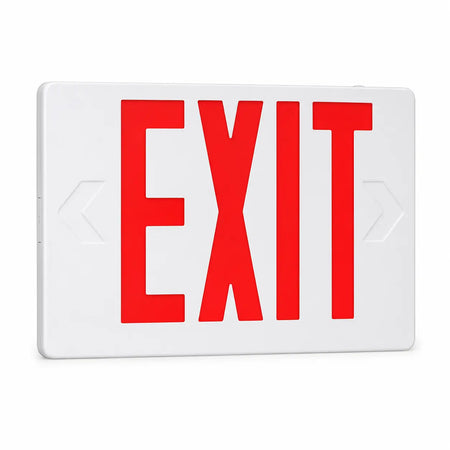 Thermoplastic exit sign with red LED, white housing, and battery, 5 year warranty