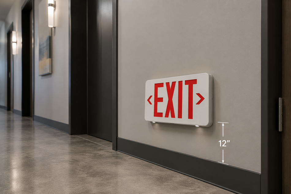 Low level thin exit sign with battery and directional arrows 