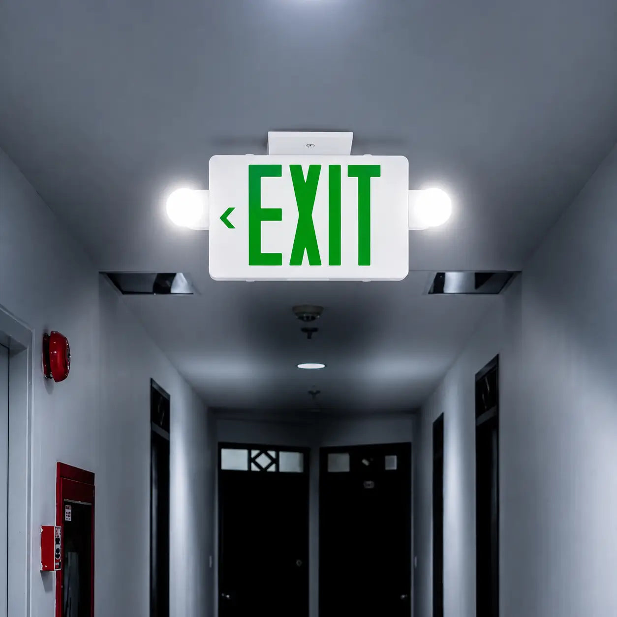 Thin Exit Sign with Lights - Green LED - Battery - UL 924, ceiling mounting