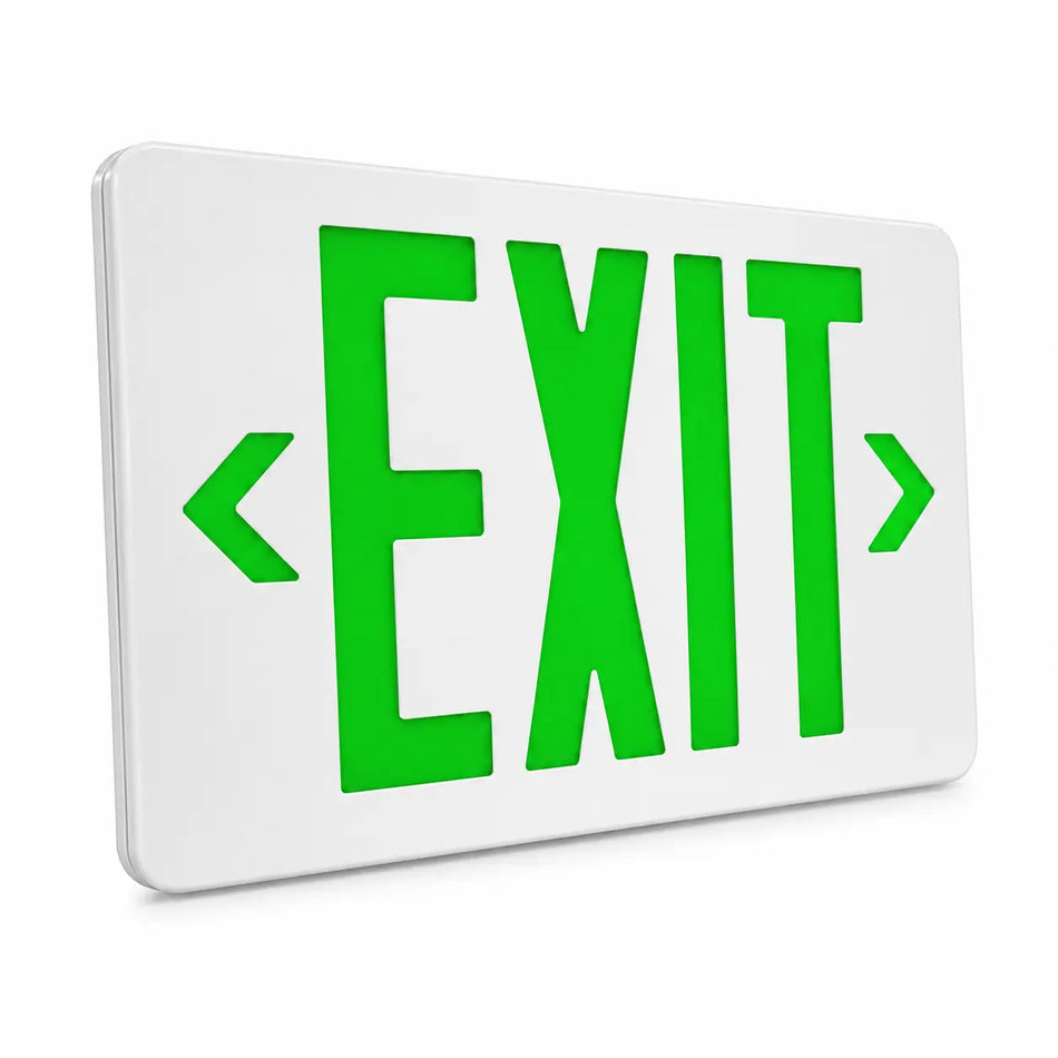 Thin green LED exit sign with battery backup, 5 year warranty, UL 924, left angle view