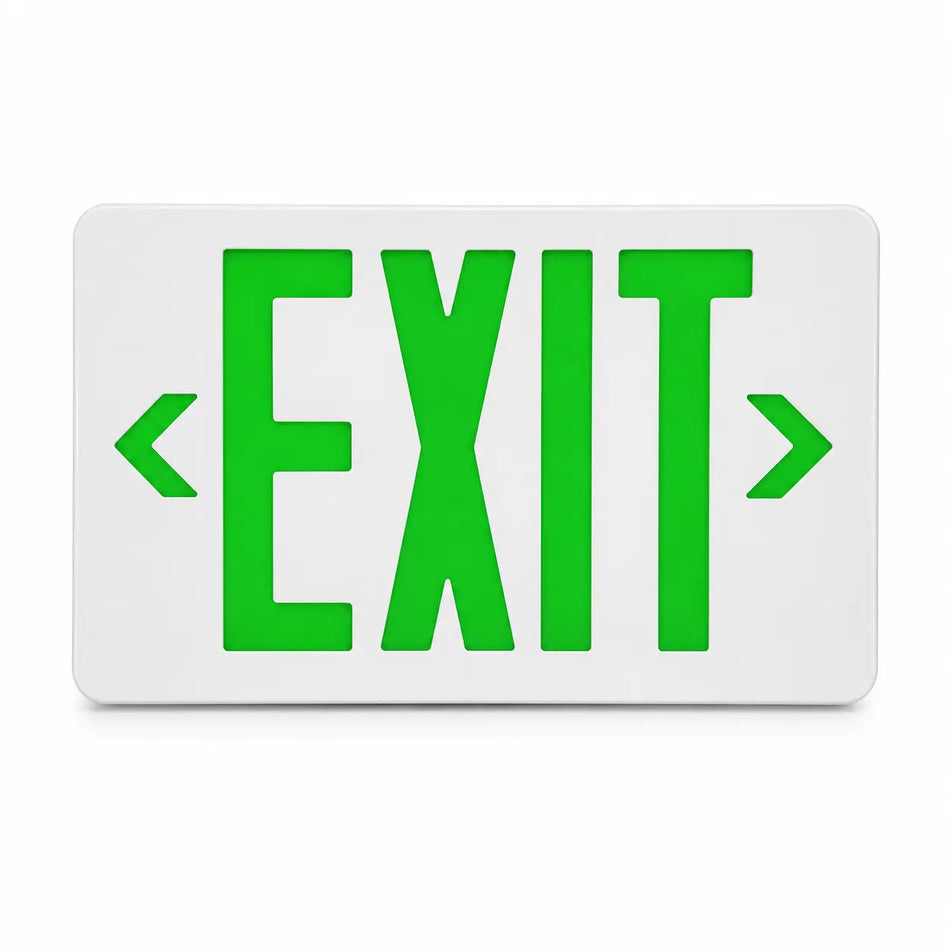 Thin green LED exit sign with battery backup, 5 year warranty, UL 924