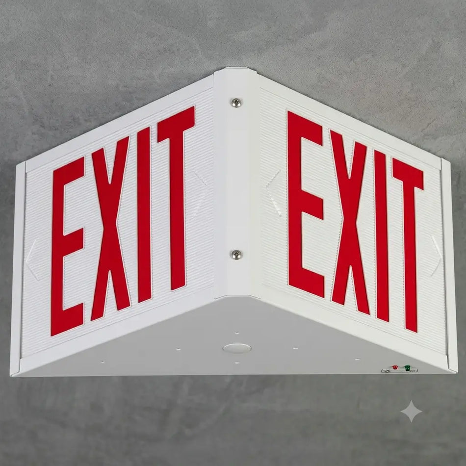 three-sided-triangular-steel-led-exit-sign-made-in-the-usa-3-hour-battery-ceiling-mount