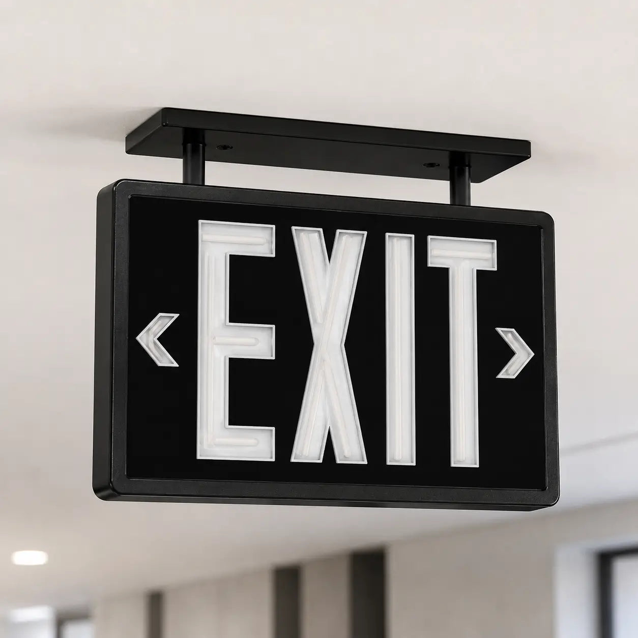 Tritium Self Luminous Exit Sign Black Face Black Housing - No Electricity, ceiling mounting