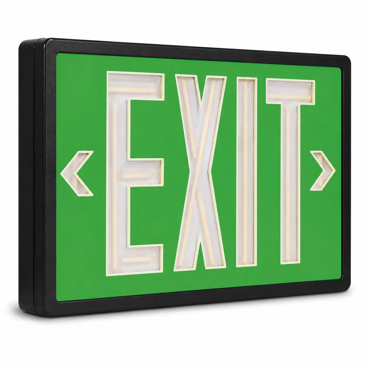 Tritium Self Luminous Exit Sign Green Face Black Housing, left angle