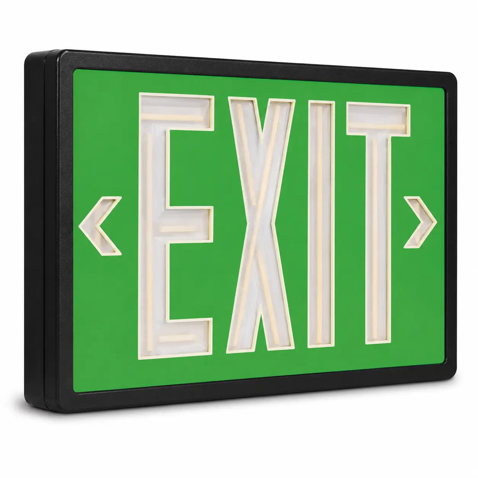 Tritium Self Luminous Exit Sign Green Face Black Housing, left angle