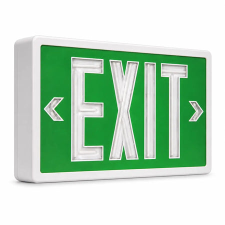 Tritium Self Luminous Exit Sign Green Face White Housing, left angle