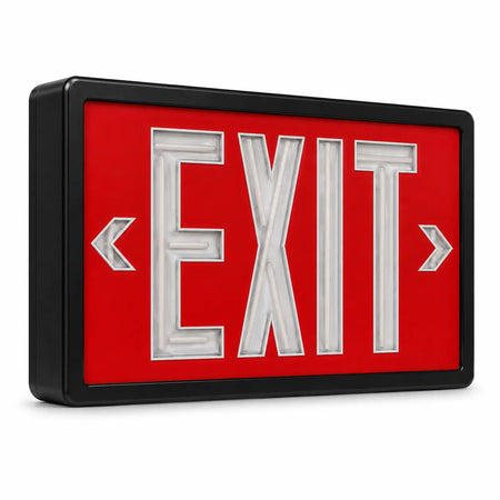 Tritium Self Luminous Exit Sign Red Face Black Housing, left angle