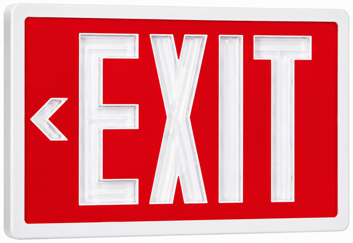A red and white emergency exit sign with the word EXIT in large white letters and a white left-pointing arrow on the left side.