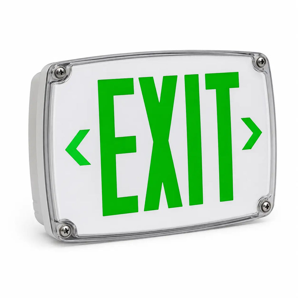 Two Circuits - Cold Weather Green LED Exit Sign - 120 or 277 Volt, left angle view