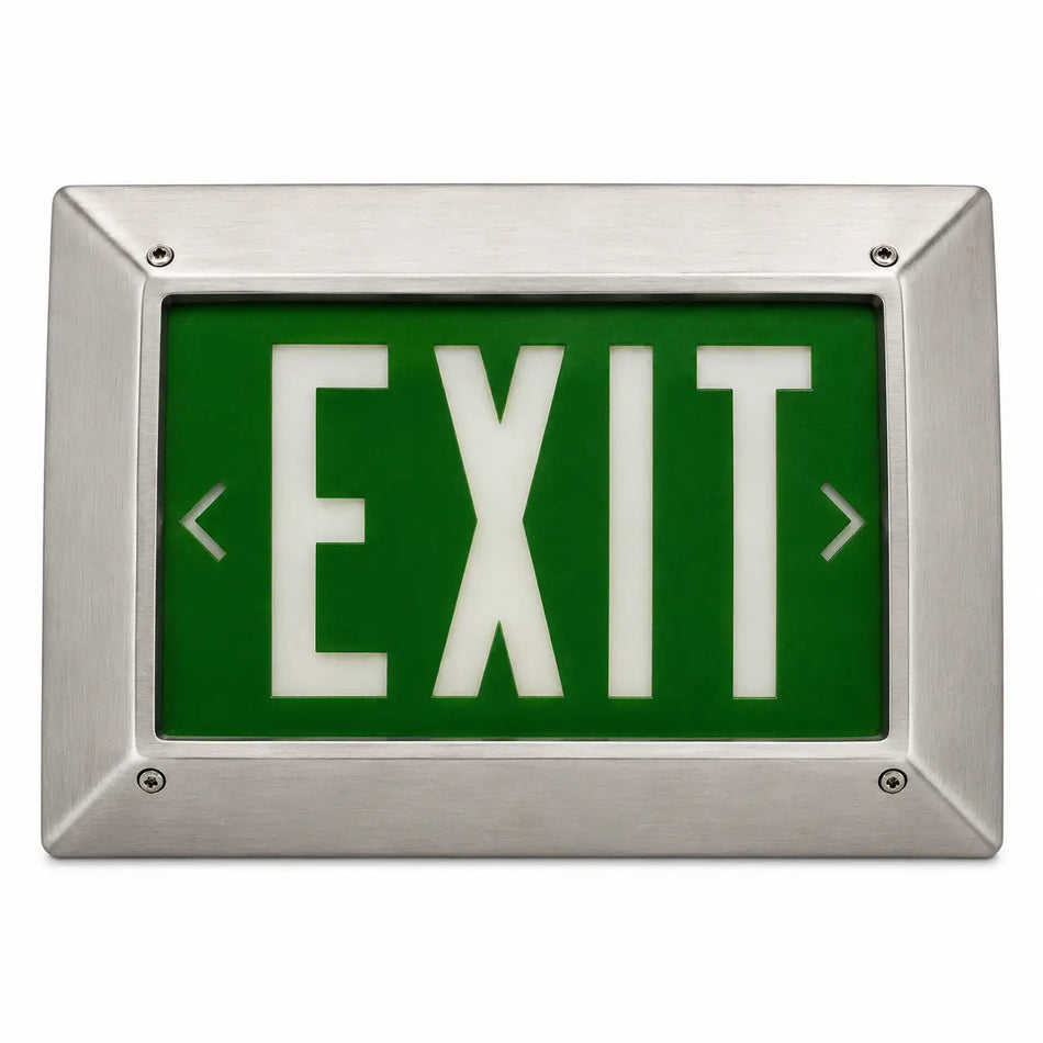 Vandal-Proof Institutional Steel Frame Green Tritium Sign Exit Sign - Extended Lead Times, front view
