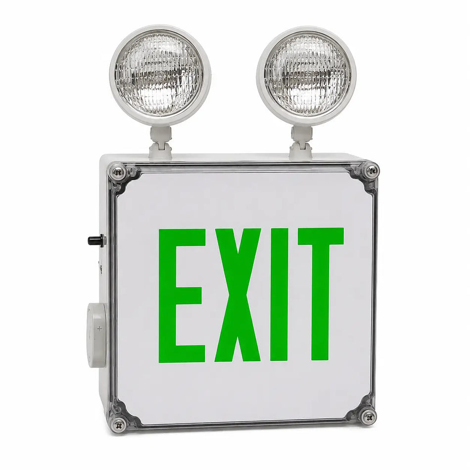 Wet Location Combo Green LED Emergency Exit Sign with Battery Back-up, front view
