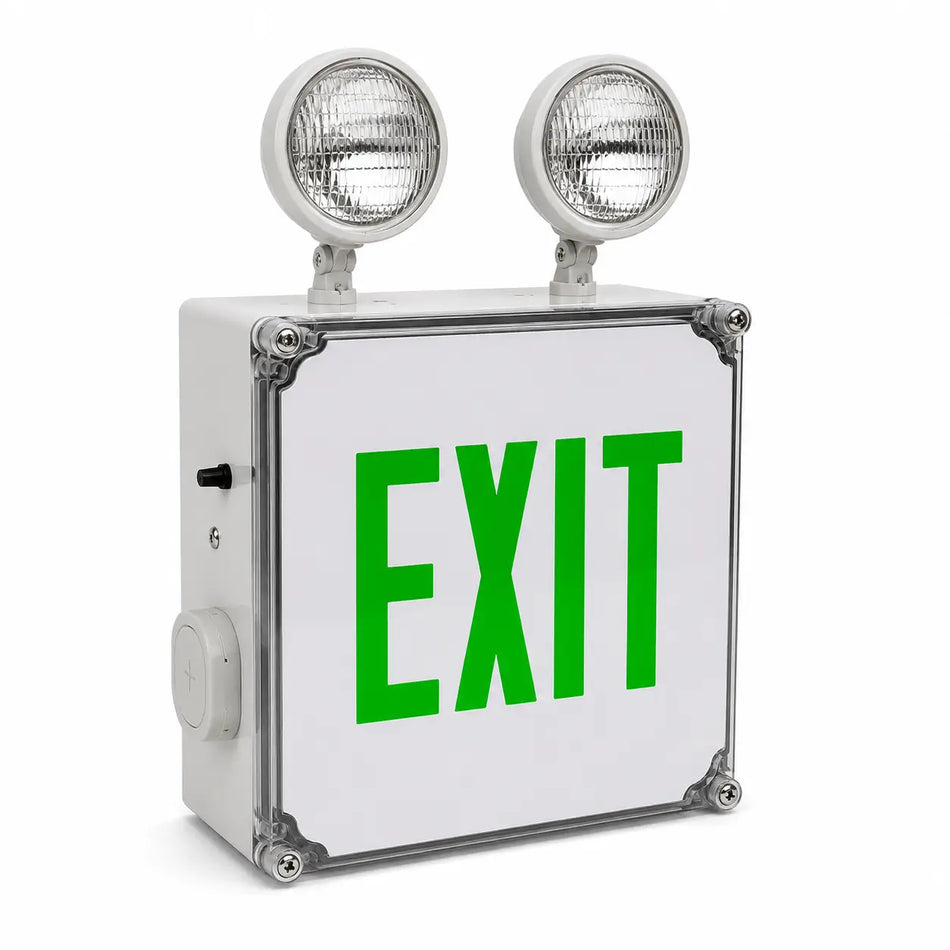 Wet Location Combo Green LED Emergency Exit Sign with Battery Back-up, left angle view