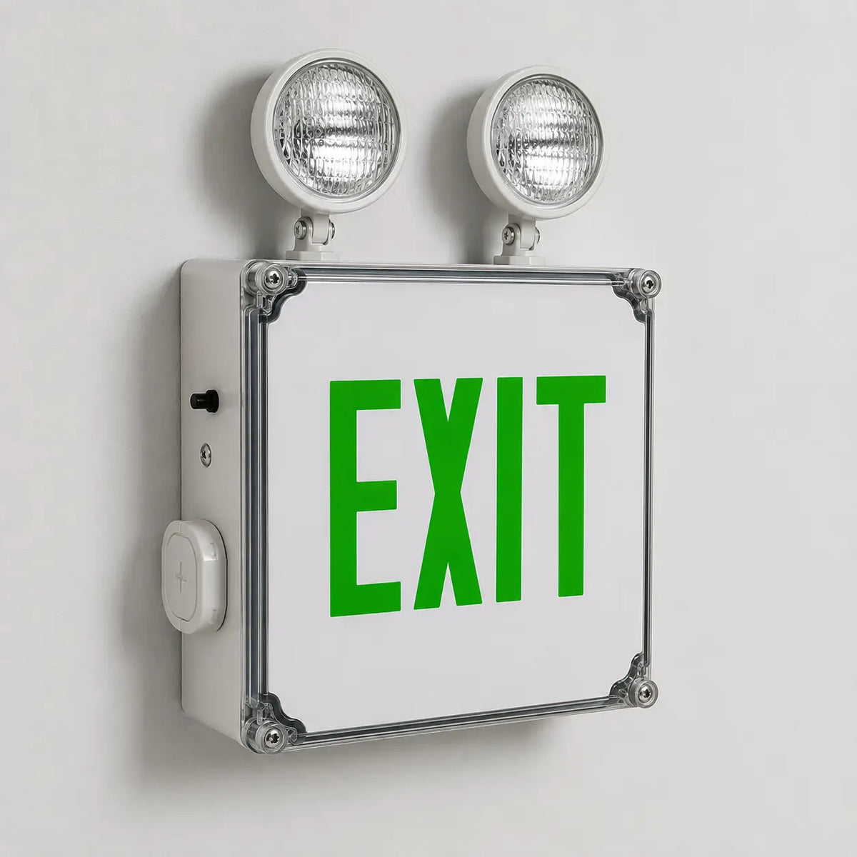 Wet Location Combo Green LED Emergency Exit Sign with Battery Back-up, wall mounted view