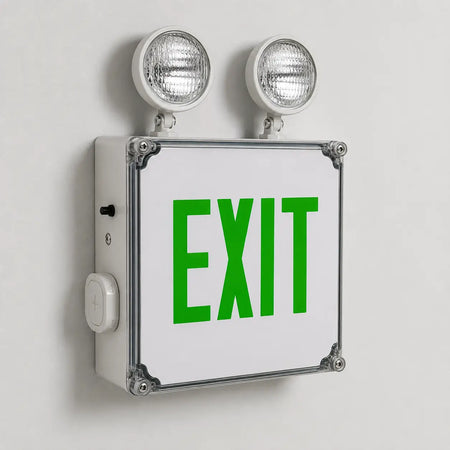 Wet Location Combo Green LED Emergency Exit Sign with Battery Back-up, wall mounted view