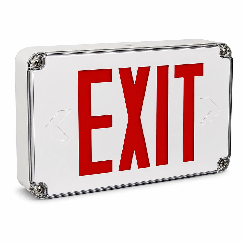 Wet Location Exit Sign with Battery - Universal Mount - UL List 5 Yr Warranty, left angle