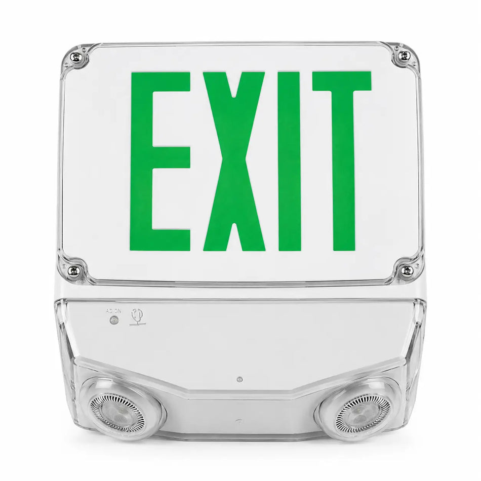 Wet Location Green LED Emergency Combination Exit Sign - Grey Housing - Universal Mount - Outdoor Rated - UL Listed, front view