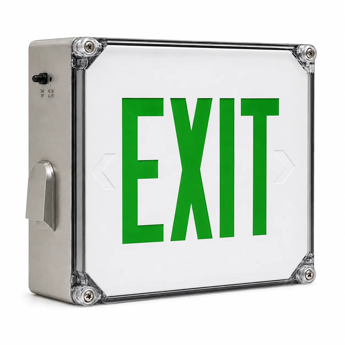 Wet Location Green LED Emergency Exit Sign With Battery Backup, left angle view