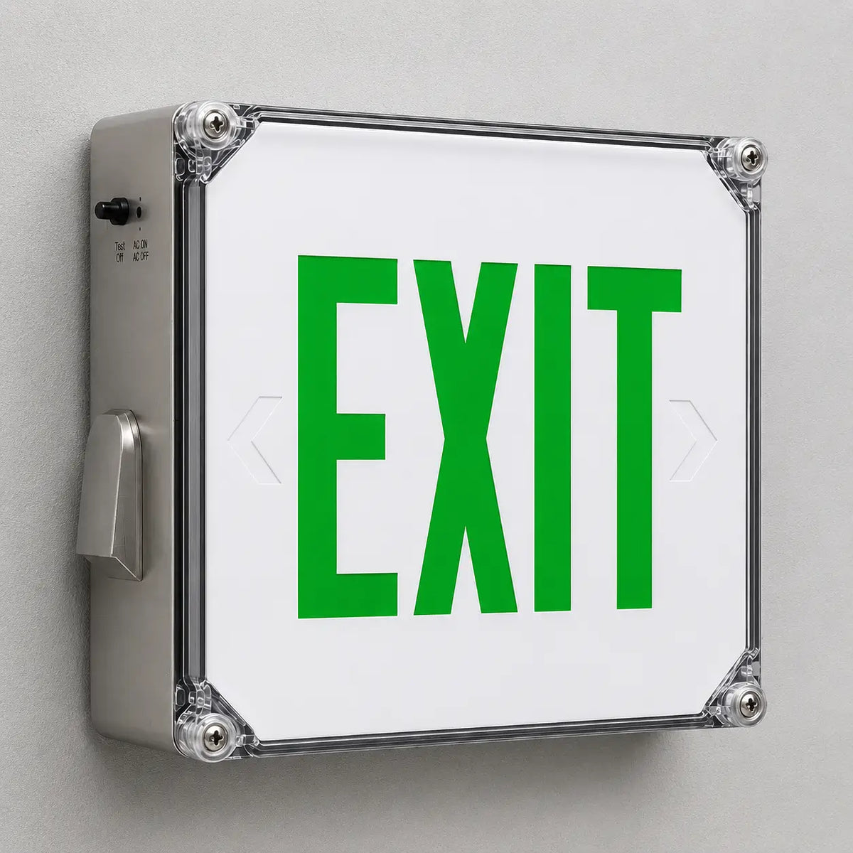 Wet Location Green LED Emergency Exit Sign With Battery Backup, wall mounted view