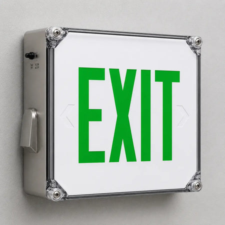 Wet Location Green LED Emergency Exit Sign With Battery Backup, wall mounted view