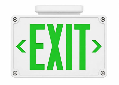Wet Location Outdoor Green LED Exit Sign with Battery - White Housing - Universal Mount, ceiling mounting