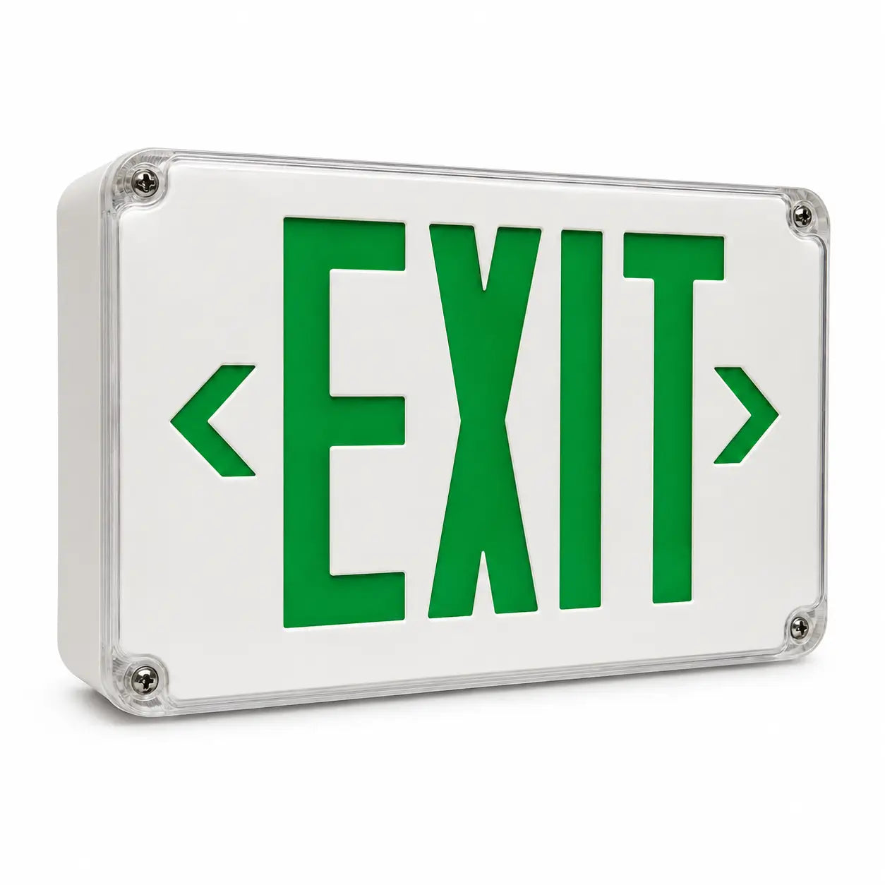 Wet Location Outdoor Green LED Exit Sign with Battery - White Housing - Universal Mount, left angle