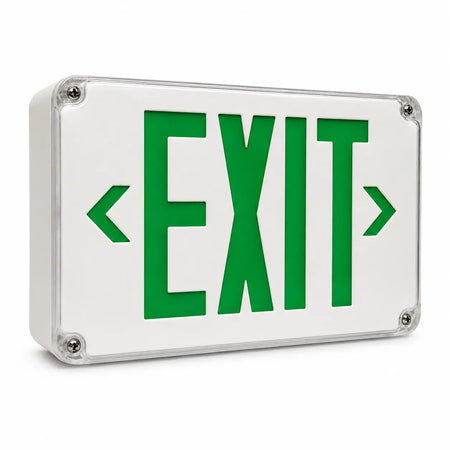 Wet Location Outdoor Green LED Exit Sign with Battery - White Housing - Universal Mount, left angle