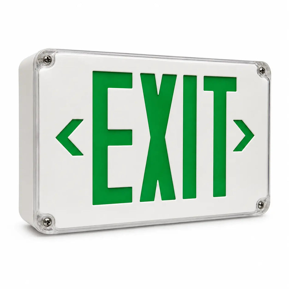 Wet Location Outdoor Green LED Exit Sign with Battery - White Housing - Universal Mount, left angle
