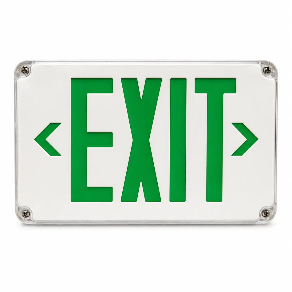Wet Location Outdoor Green LED Exit Sign with Battery - White Housing - Universal Mount
