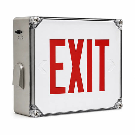 Wet Location Red LED Emergency Exit Sign with Battery Backup, left angle view