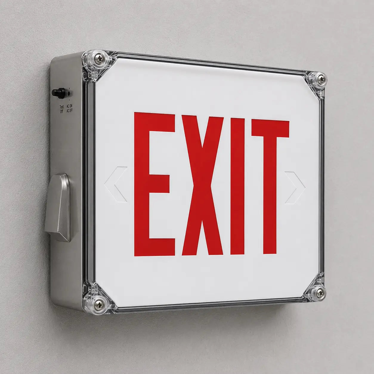 Wet Location Red LED Emergency Exit Sign with Battery Backup, wall mounted view