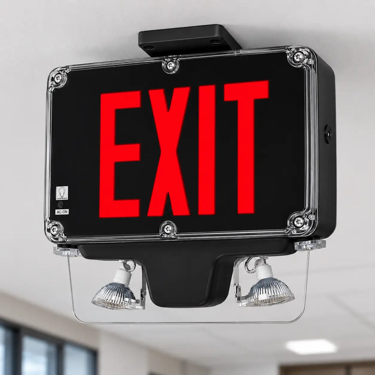 Wet Location Vandal Resistant LED Combo Exit Sign With Battery Back Up, ceiling mounted view
