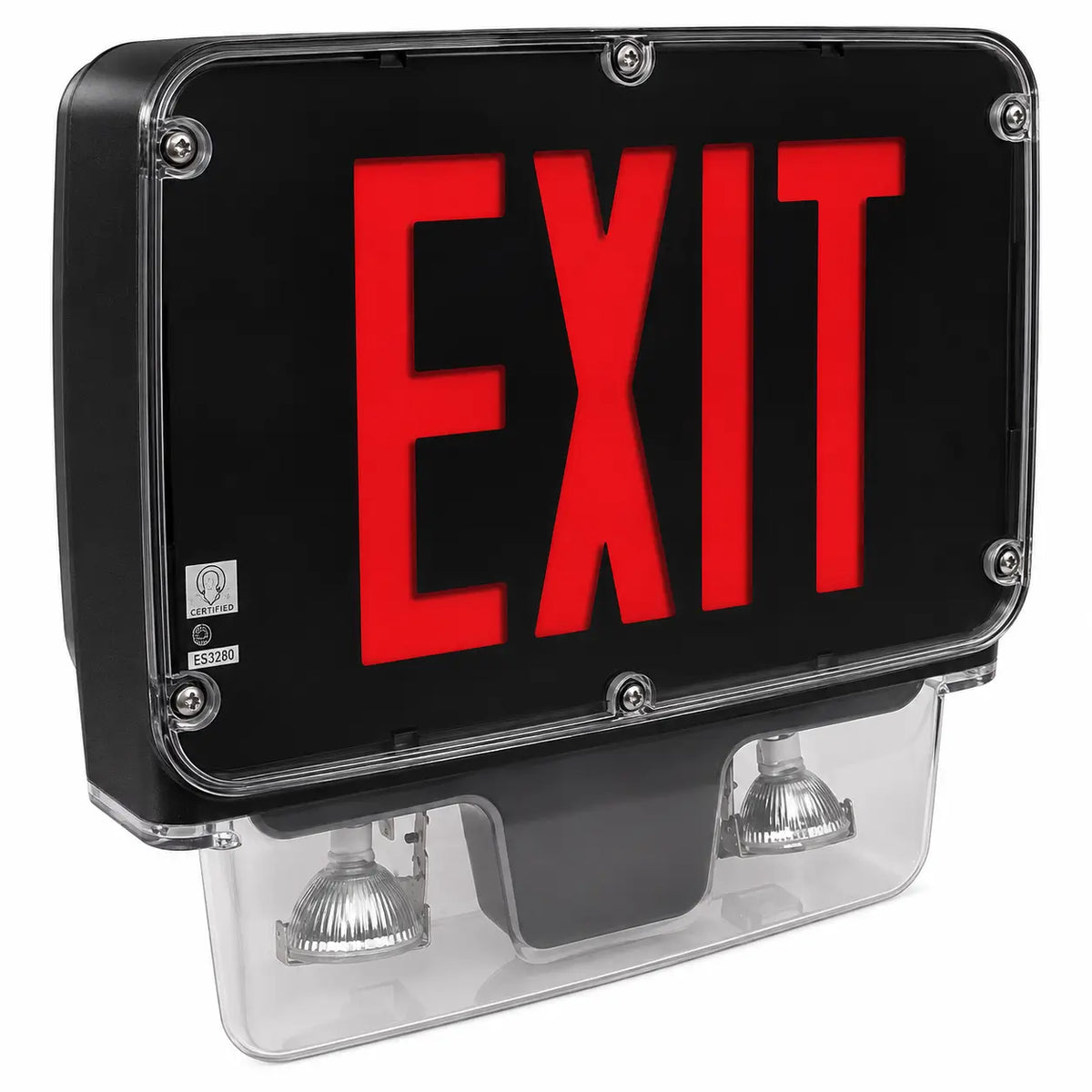 Wet Location Vandal Resistant LED Combo Exit Sign With Battery Back Up, left angle view
