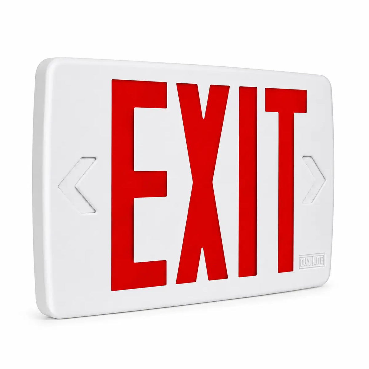 White Aluminum Exit Sign Red LED White Housing UL Listed 5 Year Warranty, left angle view
