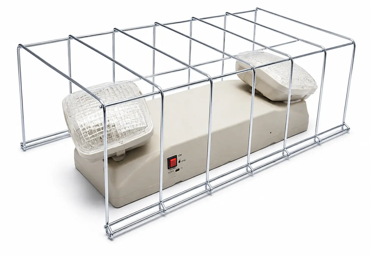 Left angle view of wire guard for exit sign or emergency light 13.5 x 15 x 6 inches