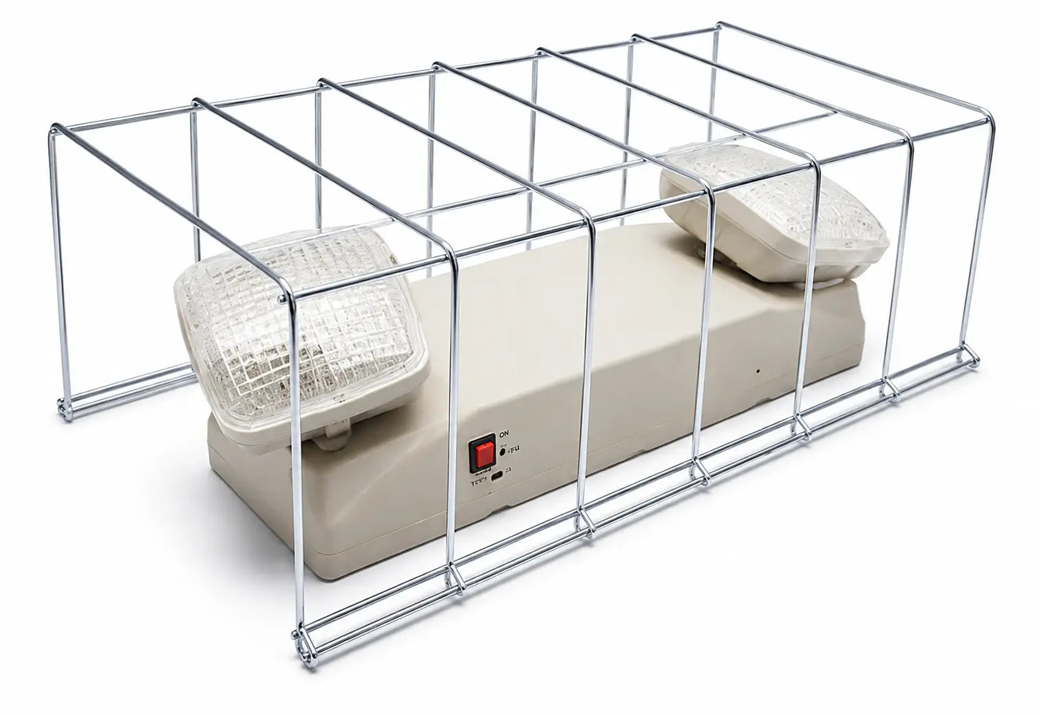 Left angle view of wire guard for exit sign or emergency light 13.5 x 15 x 6 inches