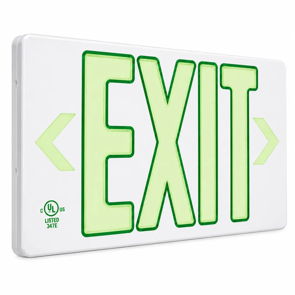 Wireless Exit Sign Green Letter White Housing - UL Listed, left angle view