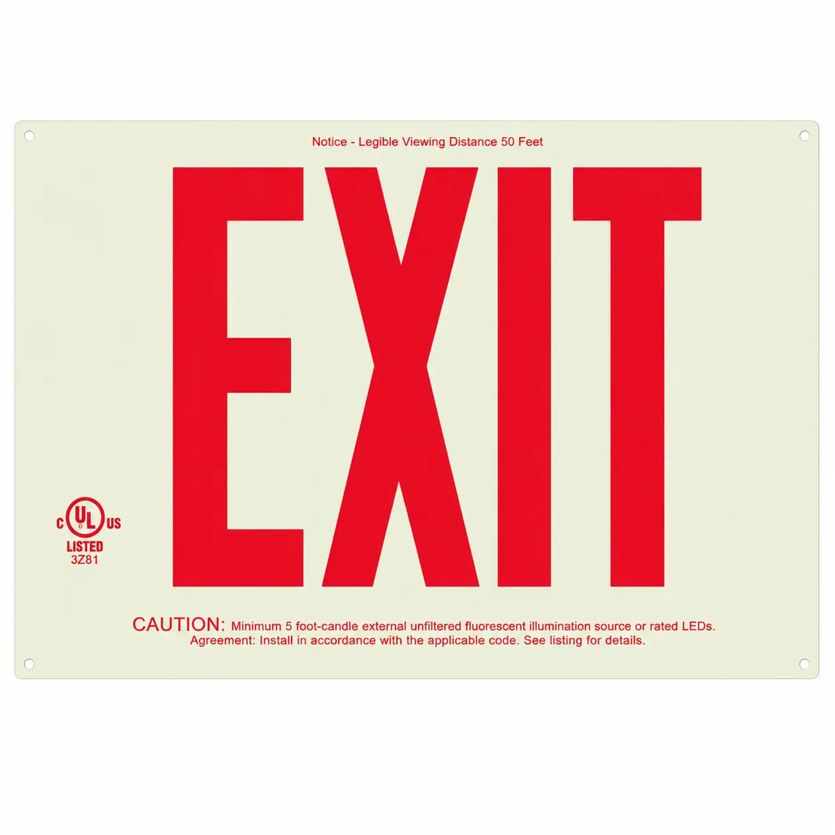 Wireless Non Electric Photoluminscent Exit Sign with 8" Red Letters - New York City, front view