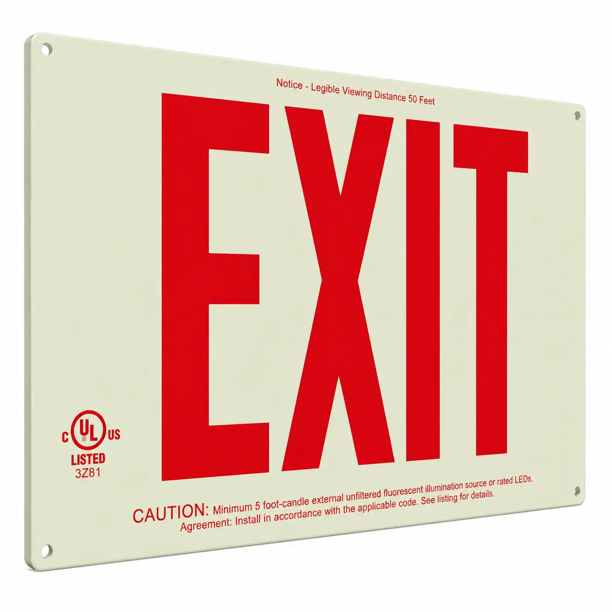 Wireless Non Electric Photoluminscent Exit Sign with 8" Red Letters - New York City, left angle view